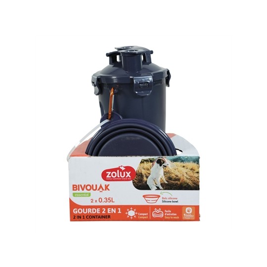 Zolux Bvk 2In1 Reisset Fles Met Voerbak En Drinkbak Blauw