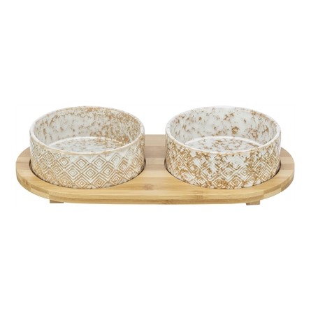 Trixie Set Voerbak / Waterbak Keramiek / Bamboe Wit / Natuur