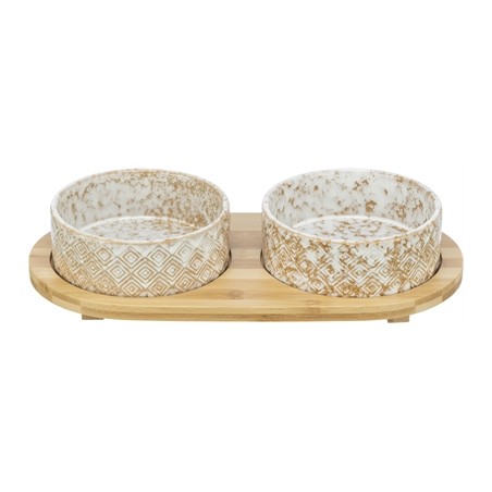 Trixie Set Voerbak / Waterbak Keramiek / Bamboe Wit / Natuur